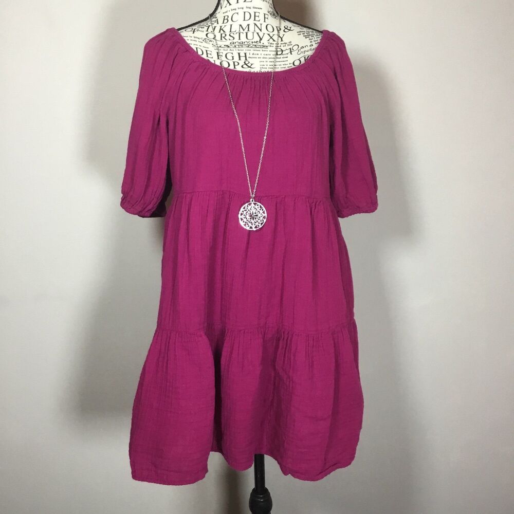 Pink waffle knee length dress tiered scoop neck short elastic cuff sleeve S